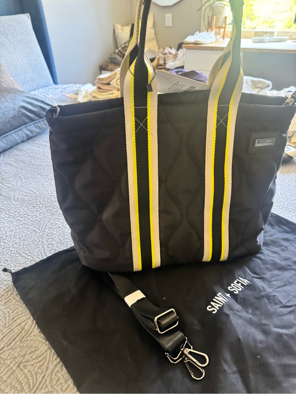 Saint + Sofia Black Quilted Tote with Yellow-Trim Straps with dust bag